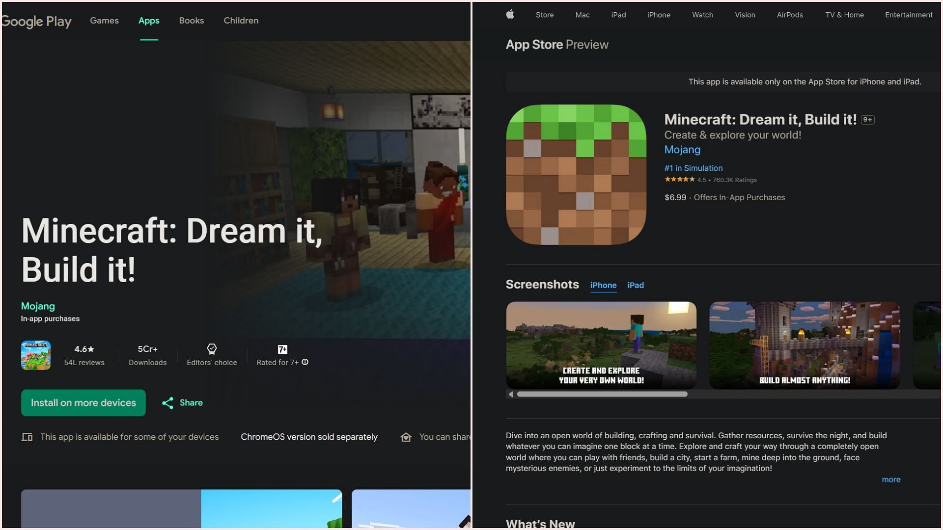 Minecraft on Android and iOS store websites (Image via Android || iOS)